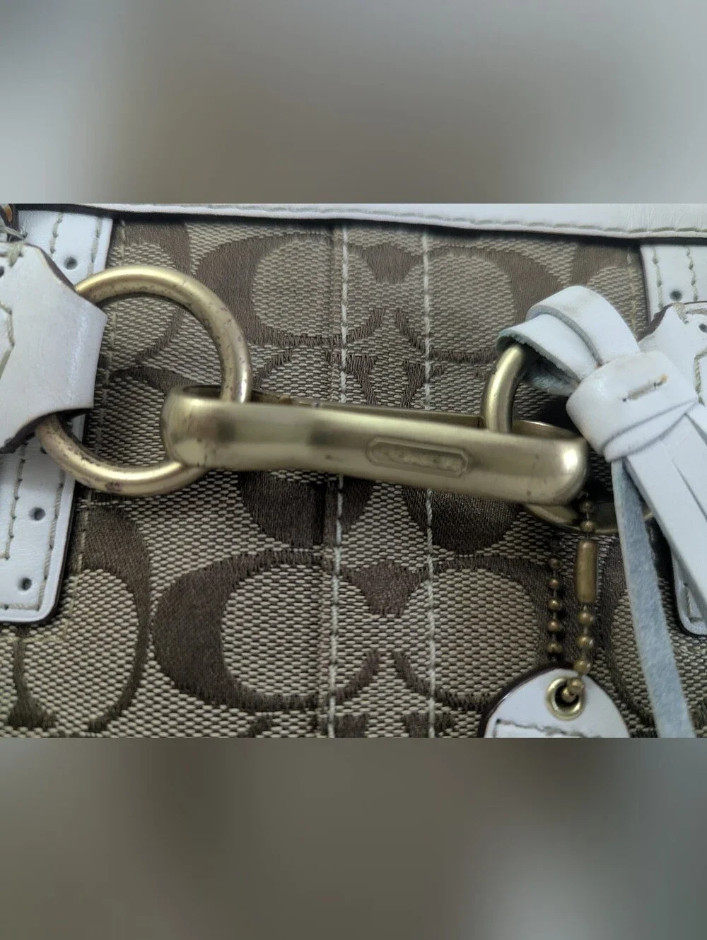 COACH Hamptons Signature Canvas Shoulder Bag Brown Monogram White Leather H0673
